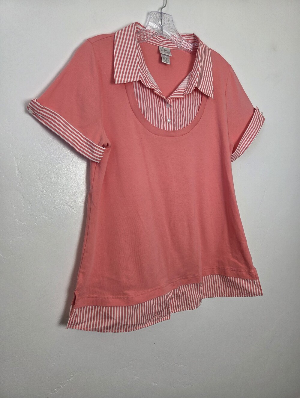 Coral Pink Twofer Shirt Collared Short Sleeve Kawaii Teacher Grannycore Indie XL